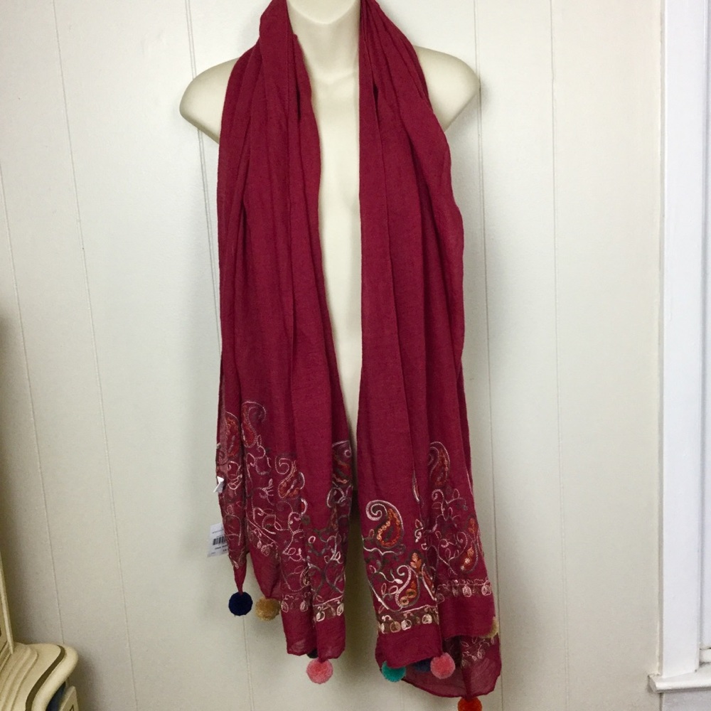 Emporia Enzo Maroon Embroidered scarf with pom poms